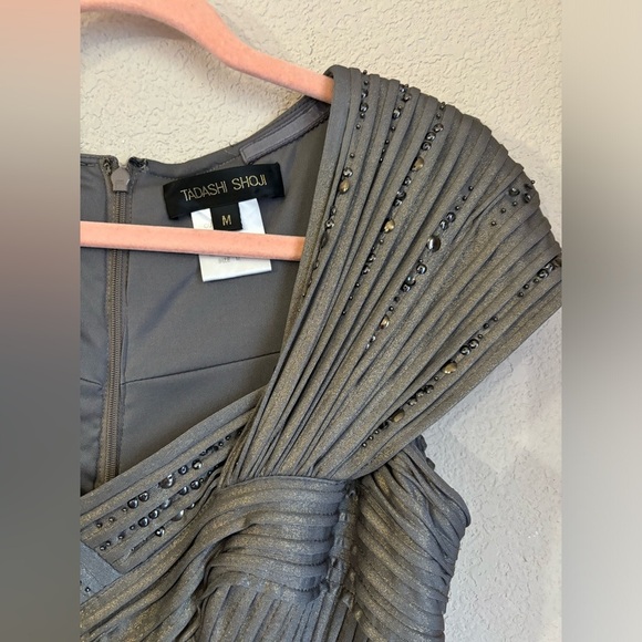 Tadashi Shoji Pewter/Gold Basket Weave Studded Stretch Bodycon Cocktail Dress M - Picture 12 of 15